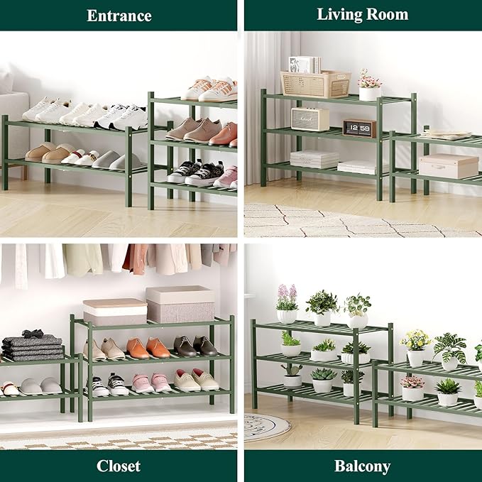 Smiry Bamboo Shoe Rack for Closet, 5 Tier Wooden Stackable Shoe Organizer, Free Standing Shoes Storage Shelf for Entryway, Front Door Entrance, Green