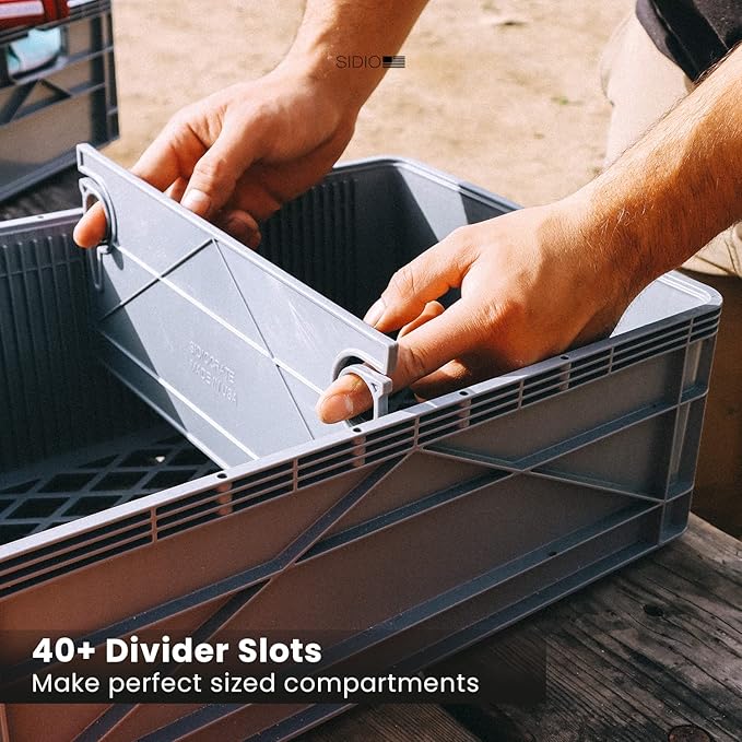 SIDIO CRATE Starter Pack - Two Full Size and One Half Size Heavy Duty Stackable Storage Bins with Lids & Dividers - Durable Organizer for Home, Office, Garage, and Outdoor Use - Stealth Variety Pack