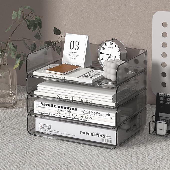 4-Tier Acrylic Paper Tray Organizer - Low-Profile Desk File Sorter for Office/Home, Brown Stackable Letter Tray for Bills, Crafts, Notebooks