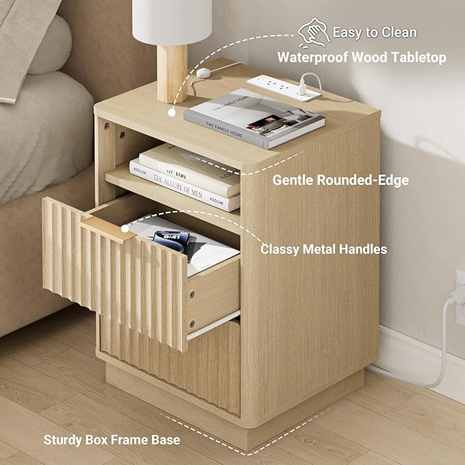 Fluted Nightstand with Charging Station, 18" Mid-Century Modern Night Stand, 2 Drawers End Table with Storage, Bedside Table for Bedroom Sofa Home Office, Curved Profile (Natural Oak)