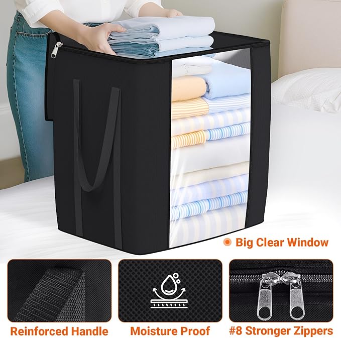 120L Extra Large Clothes Storage Bags, Foldable Blanket Storage and Organization, Thick Fabric Containers with Reinforced Handles & Zippers for Clothing, Comforters, Bedding, Black, 1 Pack