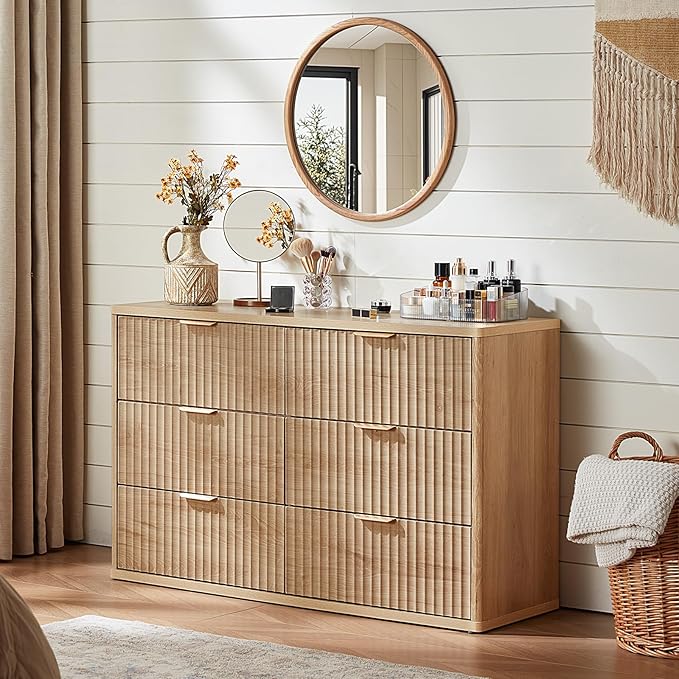 LEYAOYAO Fluted 6 Drawers Dresser Set of 2, 48" Wide Modern Chest of Drawers with Woodgrain Top, Curved Profile Design, Dresser TV Stand, Wooden Drawer Organizer for Bedroom, Living Room, Hallway,Wood