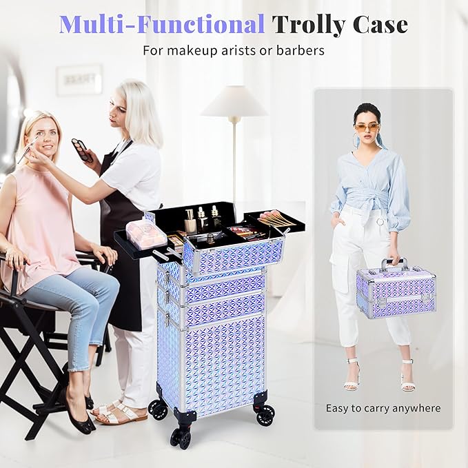 AROUS 5 in 1 Rolling Makeup Train Case Cosmetology Case on Wheels Large Cosmetic Organizer Travel Cart for Hairstylist Artist Nail Beauty Salon Barber,Silver