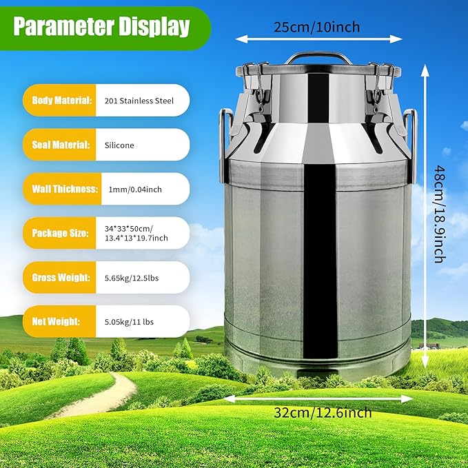 30L / 7.95Gallon Transport Cans Stainless Steel Milk Can Milk Bucket Wine Pail Bucket Milk Can Tote Jug with Sealed Lid Heavy Duty Wine Pail Liquid Storage