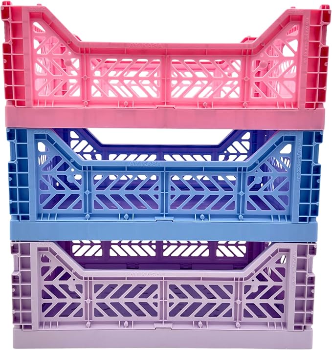 Collapsible Storage Box, Foldable Crate Organizer Bin with Handle, Stackable Crates for Home Organization (Blue-Purple-Pink, 14L - 3 Pack)