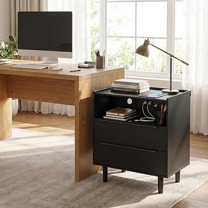 26" Tall Black Nightstand with Charging Station, 2 Drawer Contemporary Modern Bedside Table with Tray Top, USB Ports, Outlets & Open Shelf for Bedroom or Living Room