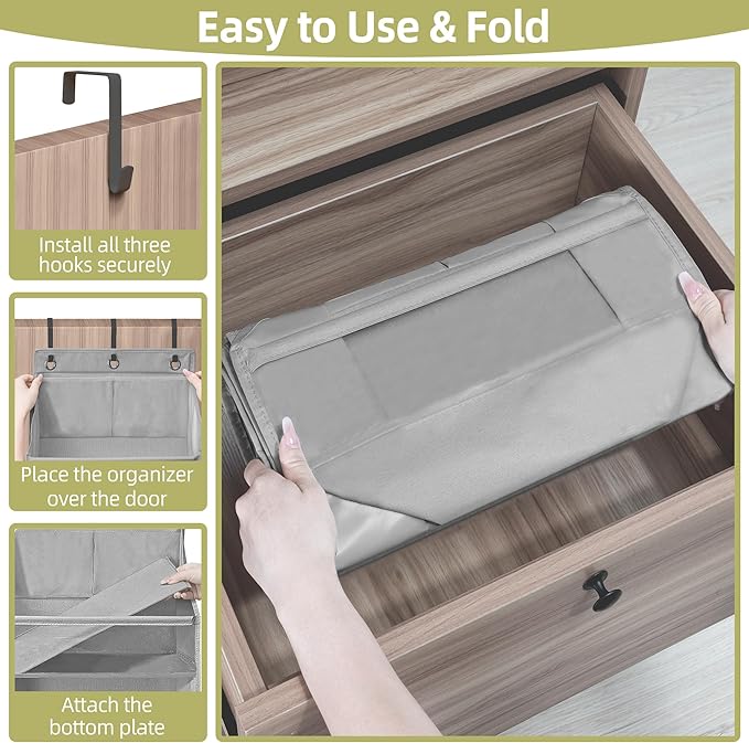 Over Door Organizer with 6 Extra Large Pockets 12 Side Pockets, Sturdy Closet Storage Rack, Hanging Storage Organizer with Clear Window for Shoes, Diapers, Toys, Bedroom, Bathroom, Grey