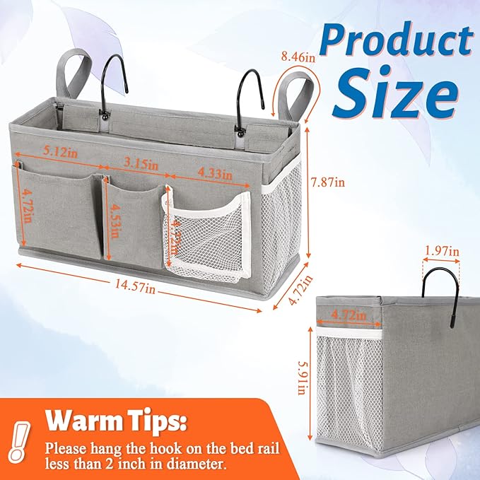 Loghot Bedside Caddy/Bedside Storage Bag Hanging Organizer for Bunk and Hospital Beds,Dorm Rooms Bed Rails,Can be Placed Glasses,Books,Mobile Phones,Keys (New Grey-1)