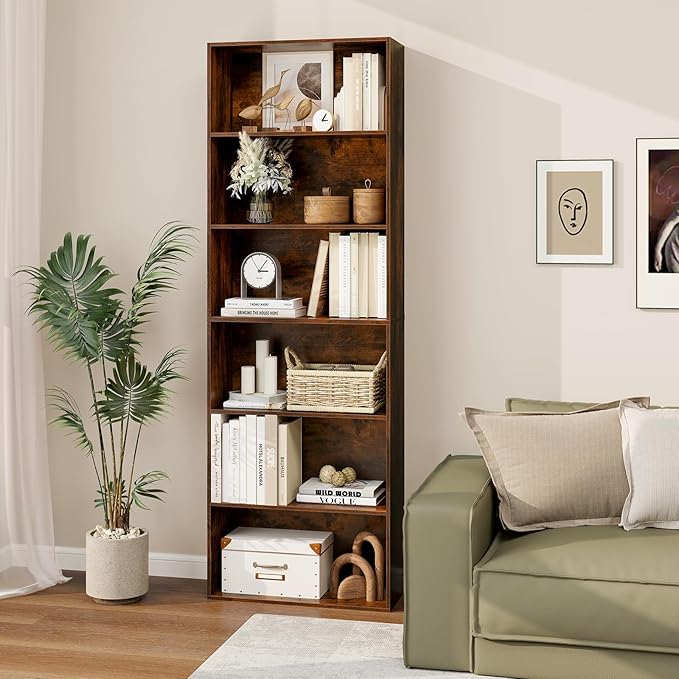 Tangkula 6-Tier Bookcase, 70” Tall Freestanding Bookshelf with 6 Open Shelves, Anti-Toppling Kits, Floor Display Storage Organizer for Living Room, Study, Kitchen, Home & Office (Rustic Brown, 70" H)