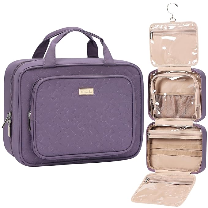 NISHEL Travel Toiletry Bag for Women, Makeup Essentials Organizer, Hanging Case for Accessories, Cosmetics, Medium Size, Purple