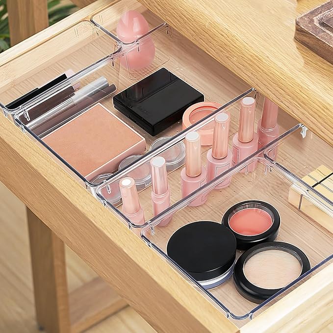 16 PCS Drawer Organizer Set, 5 Varied Size Bathroom and kitchen Drawer cabinet organizer Trays, Clear Storage Bins for Makeup, Jewelry, Utensils and Gadgets