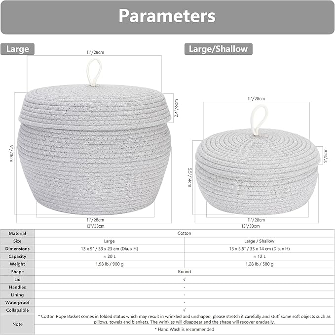 Sea Team Round Cotton Rope Storage Basket with Lid, Decorative Woven Storage Bin, Pot, Caddy, Organizer, Container for Snacks, Towels, Plants, 13 x 9 Inches (Large, White)