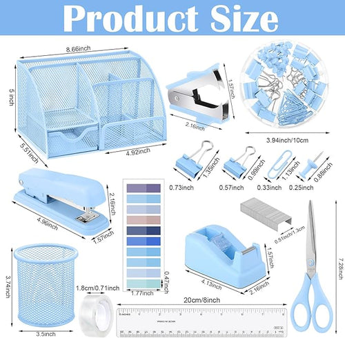11 in 1 Blue Desk Organizer and Accessories, Blue Desk Accessories Light Blue Office Supplies Include Blue Stapler Blue Tape Dispenser Pen Holder Staple Remover Clips Ruler Scissors Tapes Tabs