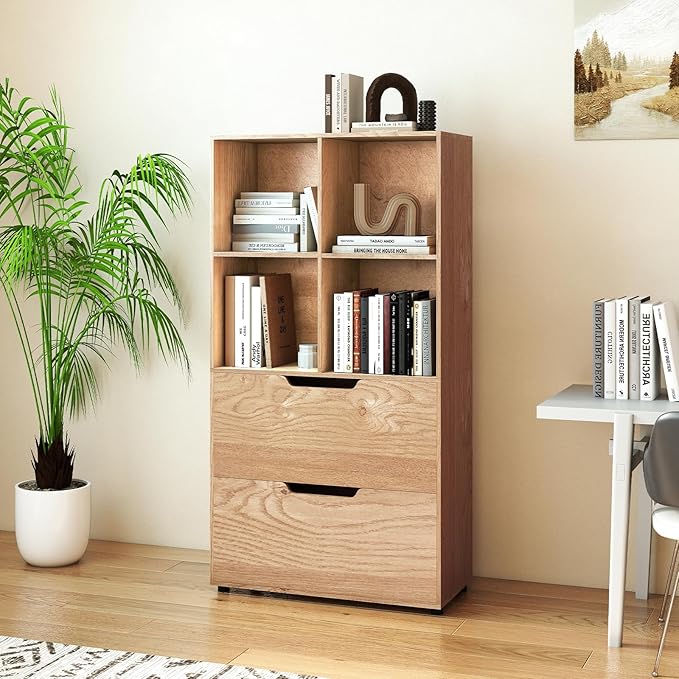 Giantex Bookshelf with 4 Cubes & 2 Drawers, 51” Tall Floor Bookcase with Anti-tip Kits, Freestanding Display Rack Storage Organizer for Study, Living Room, Home Office (2, Natural)