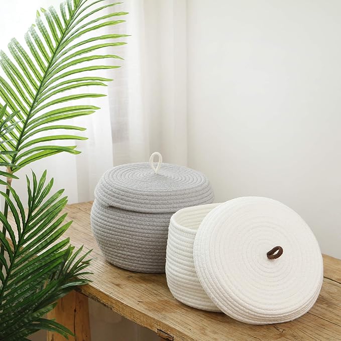 Sea Team Round Cotton Rope Storage Basket with Lid, Decorative Woven Storage Bin, Pot, Caddy, Organizer, Container for Snacks, Towels, Plants (White, Small/2-Pack)