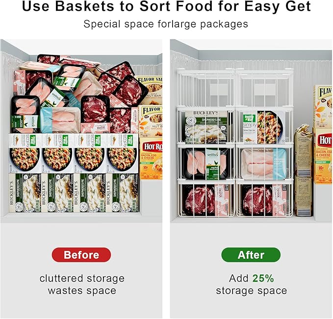 3 Pack Stackable Wire Storage Baskets With Tag, Freezer Organizer Bins for Most 7 Cu.FT Freezer Sort Frozen Meats, Deep Freezer Organizer Bins with Handle Add Space Easy Reach, White