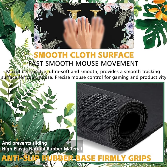 Large Gaming Mouse Pad for Desk, Flower Golden Letters U Desk Mat, 35.4"x15.7" Big Mouse Pad with Non-Slip Base and Stitched Edge, Long Computer Keyboard Mouse Mat for Home Office Work