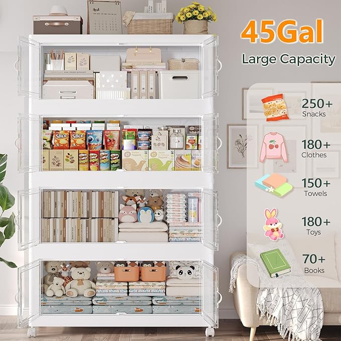 900QT Extra Large Stackable Storage Bins with Lid, 225Gal Collapsible Closet Organizer Box with Wheels, Folding Plastic Storage Cabinet with Doors for Home Kitchen Office Dorm, 5Pack White