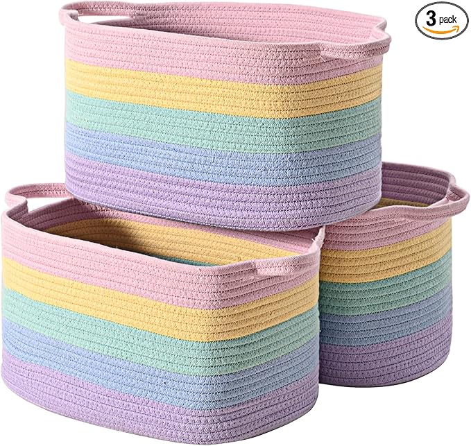DUHEL Cotton Rope Woven Storage Basket, Used for Baby Hamper Toy Organizer, Gift Baskets Empty,Kids Laundry Basket,Baby Blanket Basket. Size 15x10x8.7 Inches. (Rainbow-3Pcs)