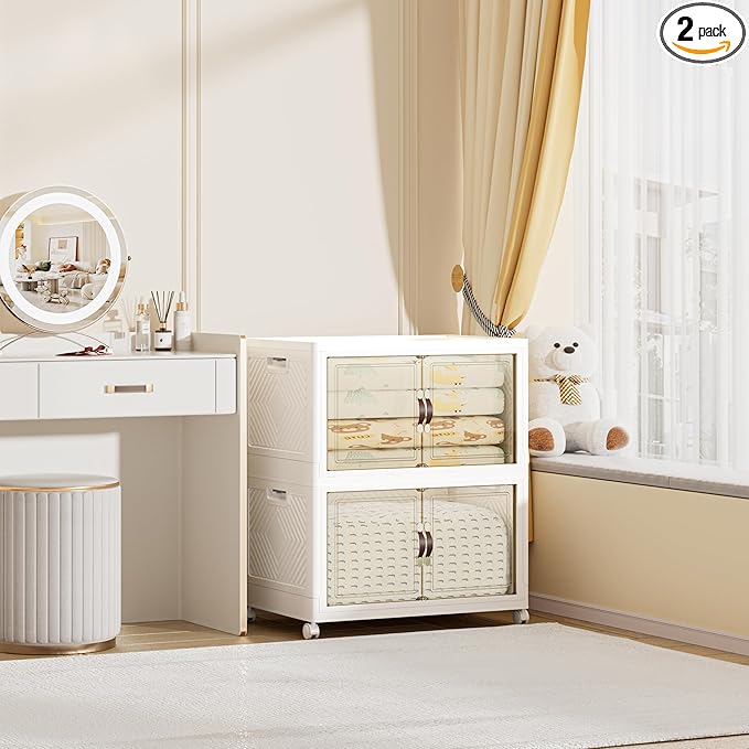 208 QT / 52 Gal Large Foldable Stackable Plastic Storage Cabinet with Double Magnetic Doors, Leather Handles & 4 Wheels - Organize Home, Office, Closet