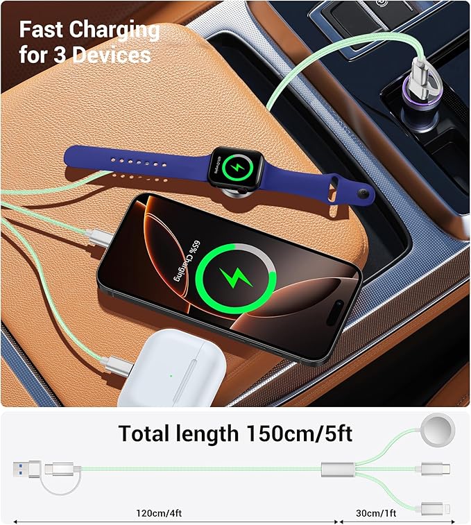 Temdan for Travel Vacation Essentials,3 in 2 USB C Cable for Apple Watch Charger/iPhone 17 Charger/Lightning,Multi Charging Cable Cord,Camping Essentials,Designed for iWatch &iPhone 16-12-5FT Green