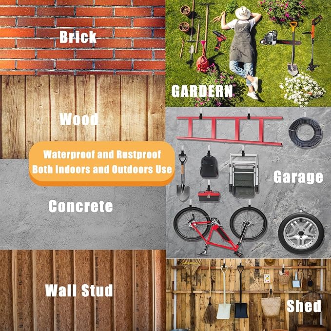 Heavy Duty Utility Hooks - Wall Mount, Hooks for Garage, Hose, Bike, Ladder, Leaf Blower Hanger (6 Medium)
