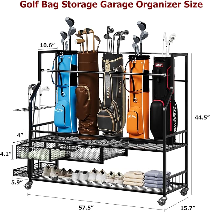 Garvee 4-5 Bags Stand Golf Organizer Rack with Wheels-Large Golf Bag Storage Organizer for Garage,Golfs Club and Home
