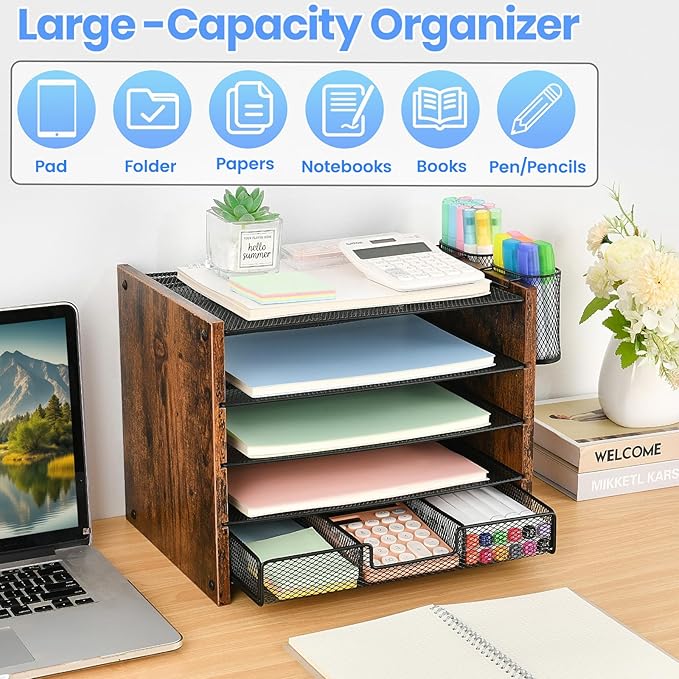OPNCIE Desk Organizer and Accessories, 5-Tier Paper Letter Tray File Organizer with Drawer & 2 Pen Holder, Office Desk Accessories Workspace Desktop Organizer for Office Supplies(Brown)