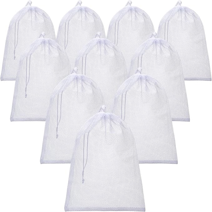 TecUnite 10 Pcs Mesh Bags Drawstring Laundry Bags Large Nylon Mesh Gift Dishwasher Bag with Sliding Drawstring for Kitchen Jewelry Gifts Wedding Favor Home(5.5 x 7.5 Inch,White)