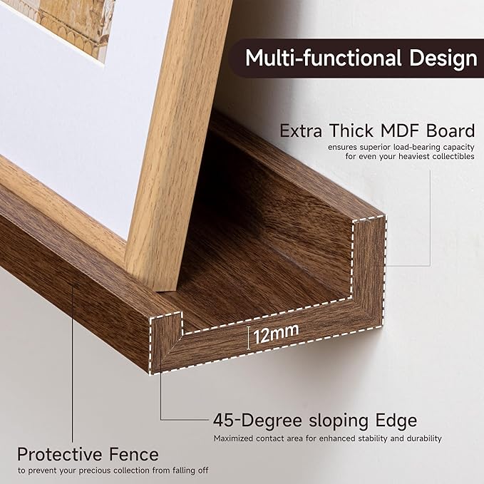 Fun Memories Picture Ledge Shelf for Wall, Floating Shelves Set of 4, 36 Inch Long Nursery Book Shelves for Toys Storage, Kids Bookshelf Wall Mounted for Books Photo Frames, Walnut