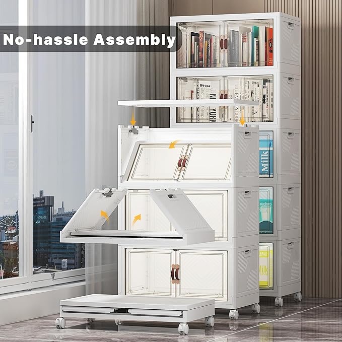 275Qt Stackable Storage Bins with Lids, 5 Pack Large Collapsible Bins with Wheels, Plastic Cabinet with Doors, Foldable Closet Organizers and Storage for Home, Dorm, Office, White