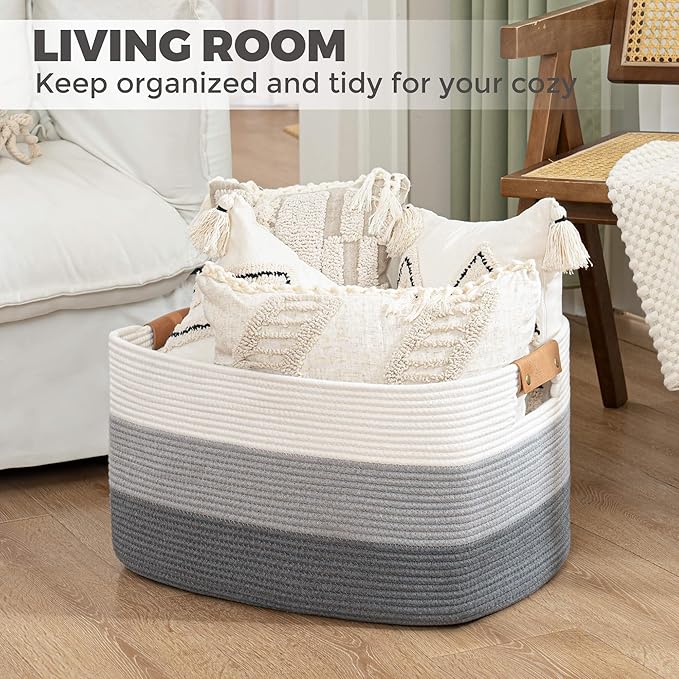 danpinera Large Woven Basket 25’’*16’’*16’’ 108L Woven Baskets for storage Baby Laundry Hamper, Cotton Rope Boho Decorative Storage Bin for Living Room, Nursery, Clothes, Pillows Gradient Grey