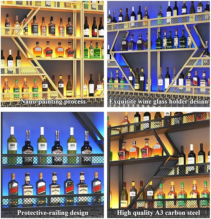 63in Metal Wine Rack Wall Mounted, Modern Wine Storage Rack Wall Mounted with Wine Glass Holder, Liquor Shelf, Bar Shelves for Liquor Bottles (3TIERS Black, 63 * 7.87 * 33.85INCH)