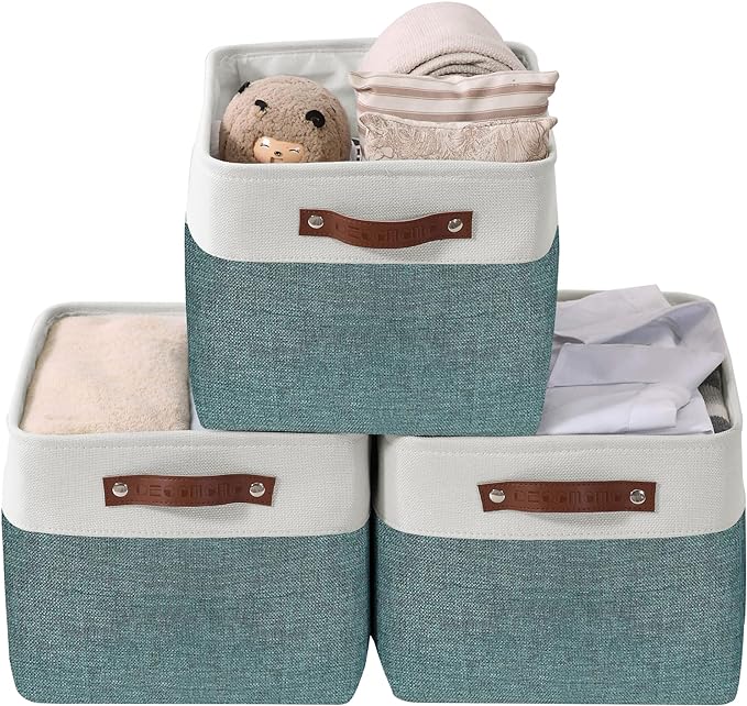 DECOMOMO Storage Baskets for Shelves - Fabric Storage Bins, Linen Closet Organizers and Storage (Green & White, XL - 3 Pack)