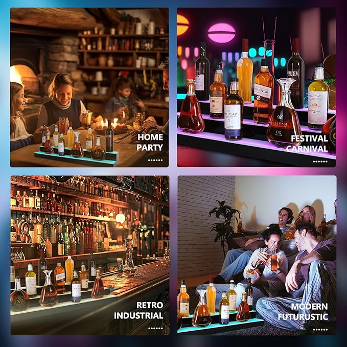 Led Lighted Liquor Bottle Display Shelf, 40 Inch 3 Tier Whiskey Rack, Support USB, Bar Stand with RF Remote & App Control, Illuminated Acrylic Lighting Shelves for Home Bar, Party