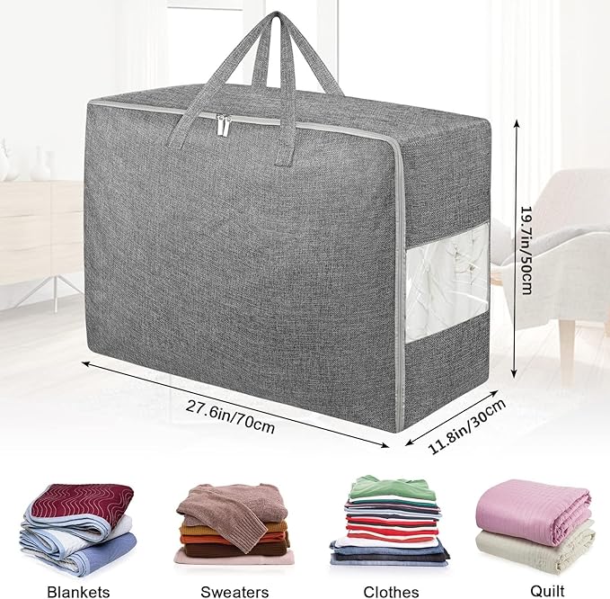4Pack 105L Extra Large Storage Bags, Folding Moving Comforter Blanket Storage Bags Closet Organizers and Storage Containers for Clothes with Strong Handles&Zippers Clear Window for Bedding Pillow Grey