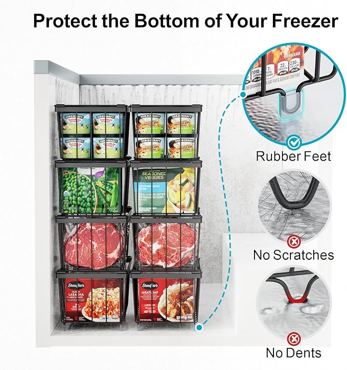 iSPECLE Deep Freezer Organizer Bins - 6 Pack Stackable Freezer Organizer Bins for 7 Cu.FT Chest Freezer Sort Food, Easy to Get Food from Bottom, Better Ventilation, Black
