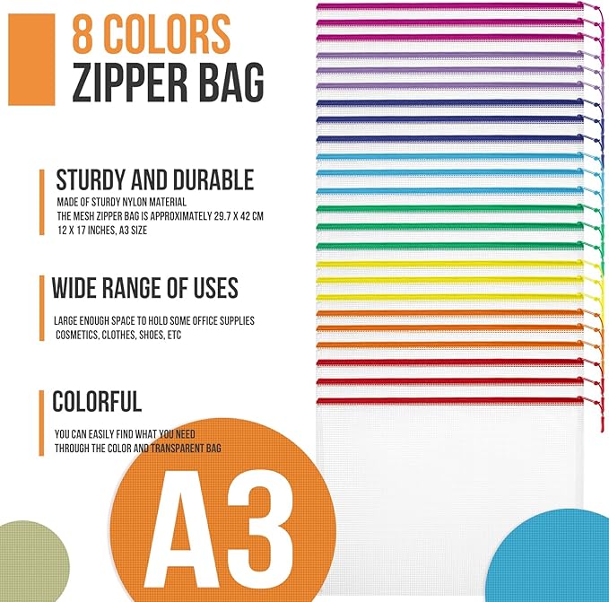24pcs Mesh Zipper Pouch File Bags Puzzle Storage Bags, A3 17x12 Inches Large Reusable Zipper Pouches for Organizing Classroom Board Game Organization