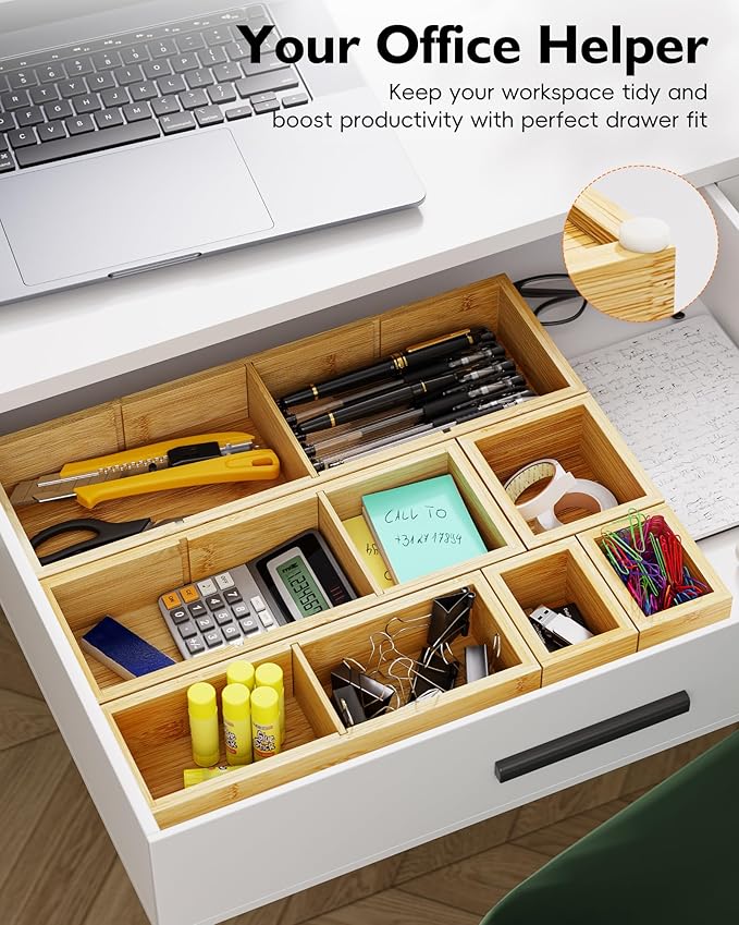 Desk Drawer Organizer Tray Set of 6 – Bamboo Office Storage Boxes with 12 Compartments for Office Supplies, Cosmetics, Jewelry and More