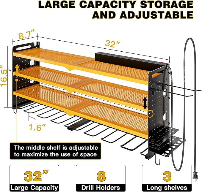 Power Tool Organizer Wall Mount with Charging Station, 8 Drill Holder, 4 Layer Storage Rack for Garage Organization, Tool Holder with 8 Outlet Power Strip (Yellow)