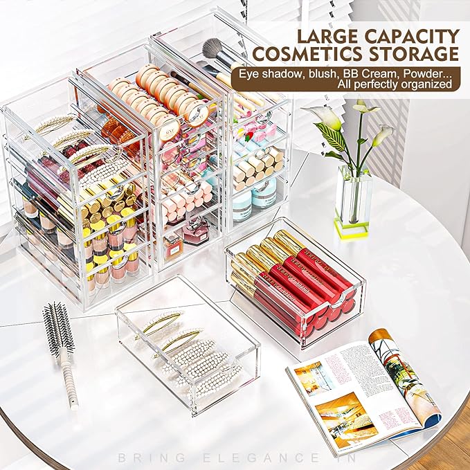 Acrylic Desk Organizers And Accessories With 13 Drawers, Office Desktop Drawers, Plastic Makeup Organizer Containers Bins With Drawers Desk Organization, Bathroom Organizers Storage Case Box Cube