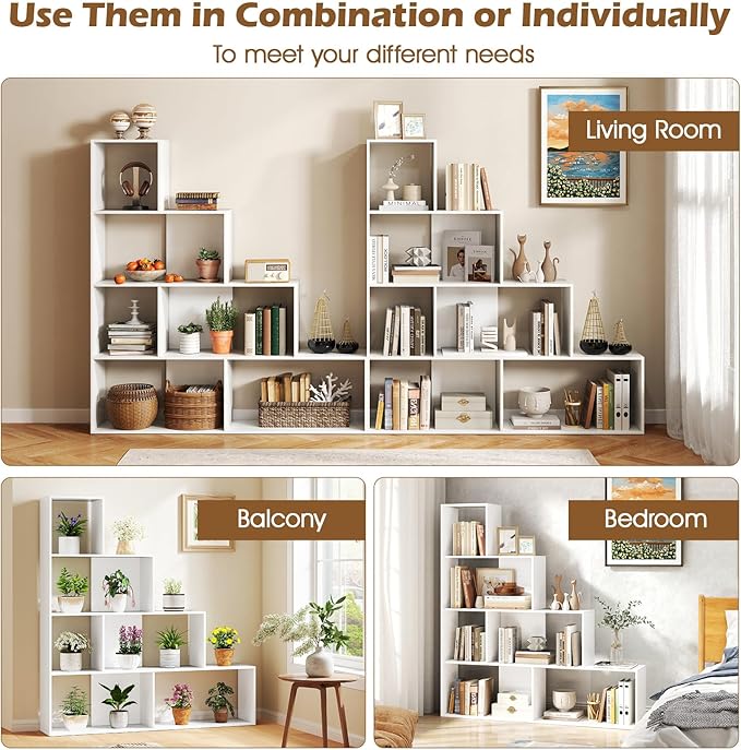 Tangkula 4-Tier Stepped Bookshelf, Freestanding 6 Cubes Ladder Bookcase with Anti-Tipping Kits, 64" Tall Modern Wooden Storage Display Rack for Home Office Living Room Study (2, White)