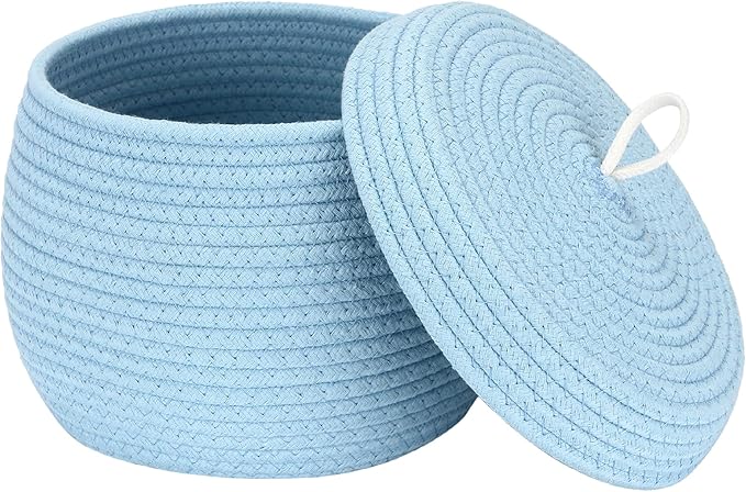 Sea Team Round Cotton Rope Storage Basket with Lid, Decorative Woven Storage Bin, Pot, Caddy, Organizer, Container for Snacks, Towels, Plants, 10 x 7.5 Inches (Small, Blue)