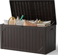Outdoor Storage Box, 100 Gallon Deck Box Outdoor Storage Bench Outside Waterproof Resin Storage Bench, Lockable Patio Cushions, Garden Tools Storage For Furniture, UV Resistant(Brown)