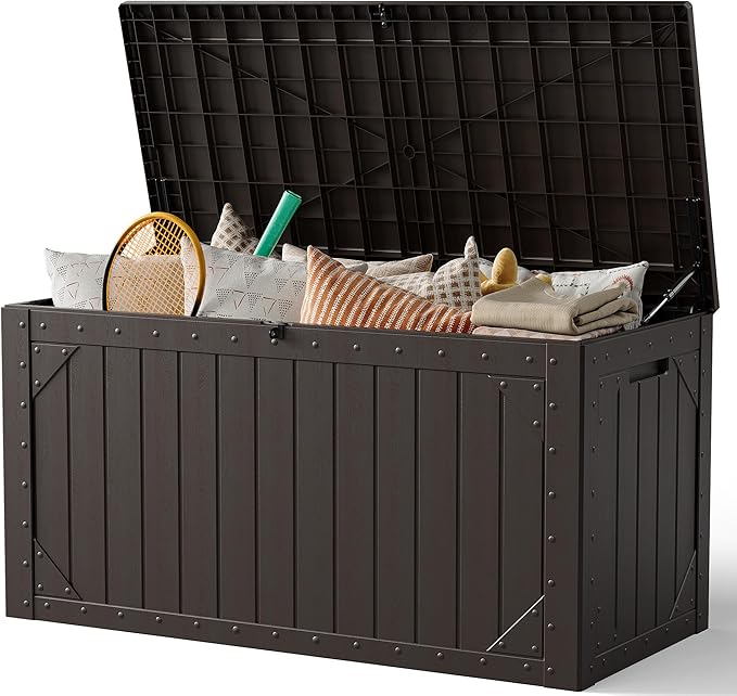 Outdoor Storage Box, 100 Gallon Deck Box Outdoor Storage Bench Outside Waterproof Resin Storage Bench, Lockable Patio Cushions, Garden Tools Storage For Furniture, UV Resistant(Brown)