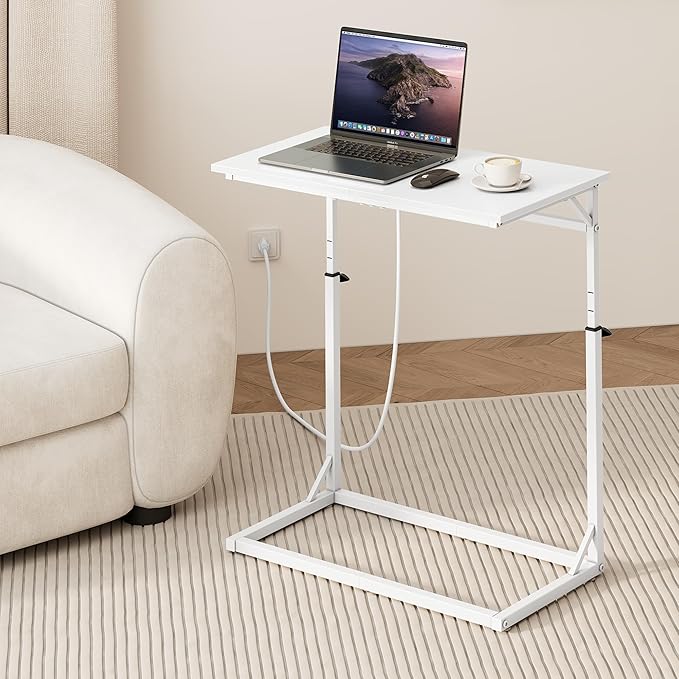 Vagusicc C Shaped End Table with Charging Station, C-Table End Table Adjustable Height Side Table for Couch, Large Couch Table, Slide Under Sofa Table TV Tray Arm Table for Living Room, Bedroom, White