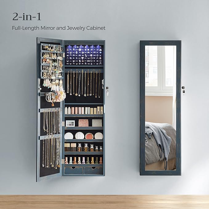 SONGMICS 6 LEDs Mirror Jewelry Cabinet, 47.2-Inch Tall Lockable Wall or Door Mounted Jewelry Armoire Organizer with Mirror, 2 Drawers, Christmas Gift, 3.9 x 14.6 x 47.2 Inches, Rustic Blue