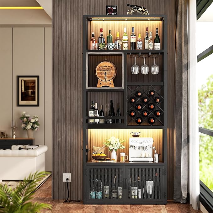 82.6" Tall Bar Cabinet with Power Outlets, 6-Tiers Reversible Wine Cabinet with LED Lights, Glass Holder & Wine Rack, Liquor Storage Cabinet Coffee Bar Unit Station for Dining Living Room, Grey Oak