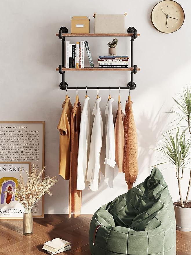 30in Industrial Pipe Clothing Rack,2-Tier Wall Mounted Clothes Rack, Pipe Clothing Rack with Shelf, Wall Hangers for Clothes, for Bedroom, Laundry, Living Room, Retail Store