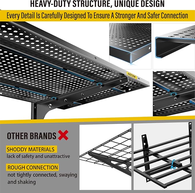 2-Pack 2 Tier 1.3x4ft Garage Shelving Wall Mounted, 520lbs Load Capacity，15.6x48inch per Shelf Height Cassette Adjustable Floating Shelves, Black
